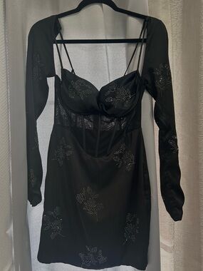 Oh Polly Black Embellished Long-Sleeve Slip Dress